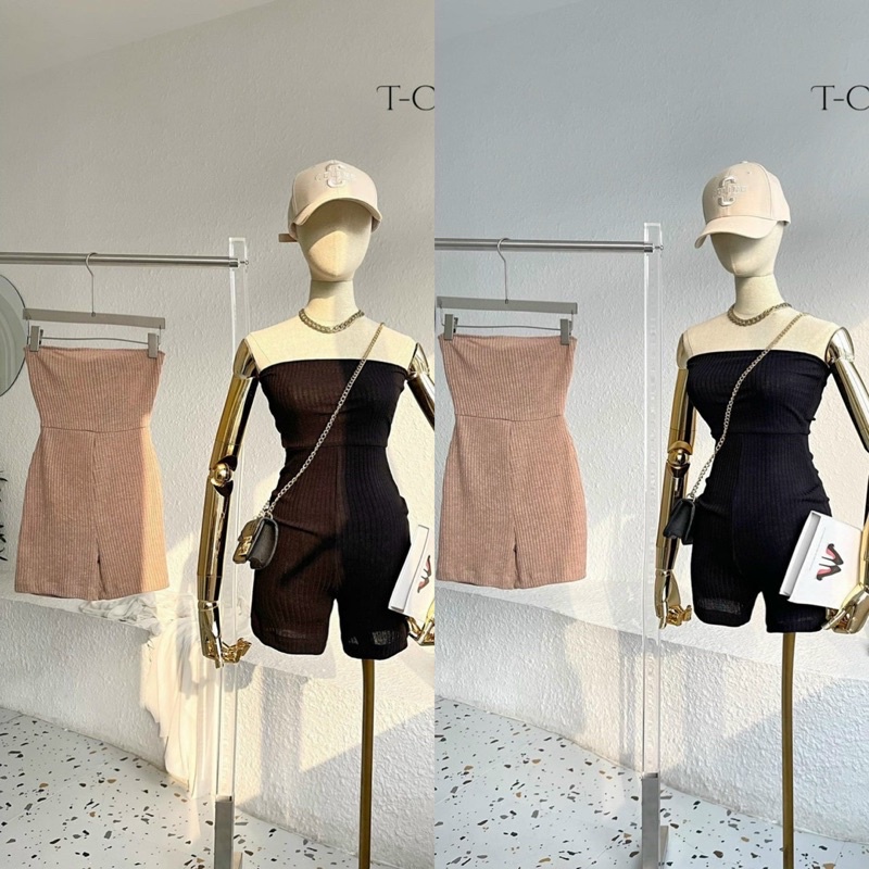 Jumpsuit thun gân nâu đen, jump ống ngắn cúp ngực, thời trang nữ sành điệu năng động quyến rũ đi chơi dạo phố du lịch