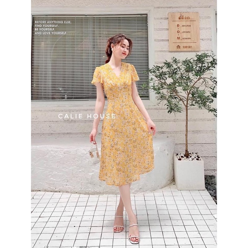 BÁN SỈ VÁY HOA TƠ CỔ V 2 MÀU XANH VÀNG CHO NỮ | BigBuy360 - bigbuy360.vn