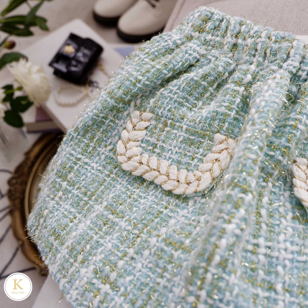 Set dạ bé gái Kiwy Kids chất liệu dạ tweed gồm áo khoác và chân váy cạp chun Kids2107N cho bé từ 9 tháng 11 tuổi