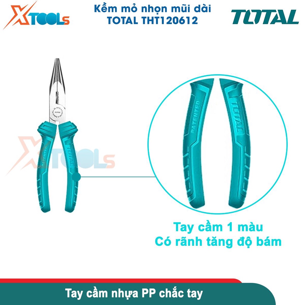 Kìm mũi nhọn mỏ dài TOTAL THT120612 6inch/160mm, đầu kềm đánh bóng chống rỉ, tay cầm nắm chắc chắn-CHÍNH HÃNG-XTOOLS