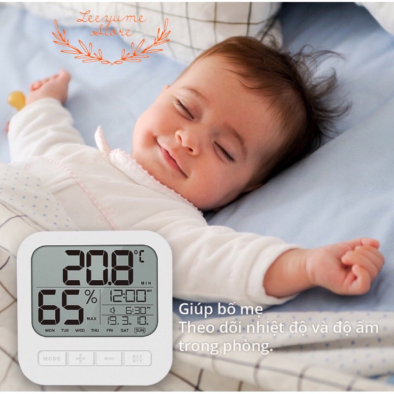 NHIỆT ẨM KẾ ĐIỆN TỬ ĐO NHIỆT ĐỘ VÀ ĐỘ ẨM PHÒNG NGỦ CHO BÉ KÈM ĐỒNG HỒ BÁO THỨC