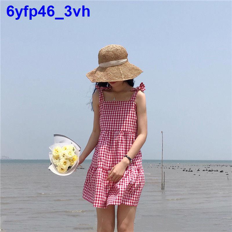 Váy đi biển có dây vải cotton và lanh cỡ lớn phù hợp với sling mùa hè bà bầu kẻ sọc bánh bèo