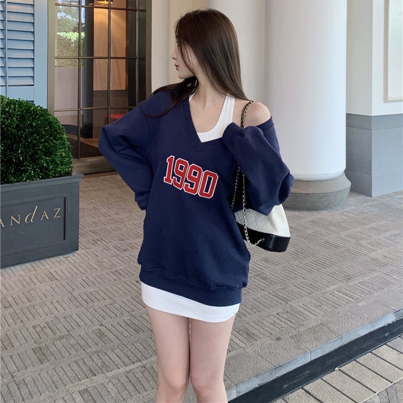 Set đồ COZOKC gồm áo len dáng rộng cổ chữ V và đầm ôm dáng phong cách Hàn Quốc thời trang cho nữ