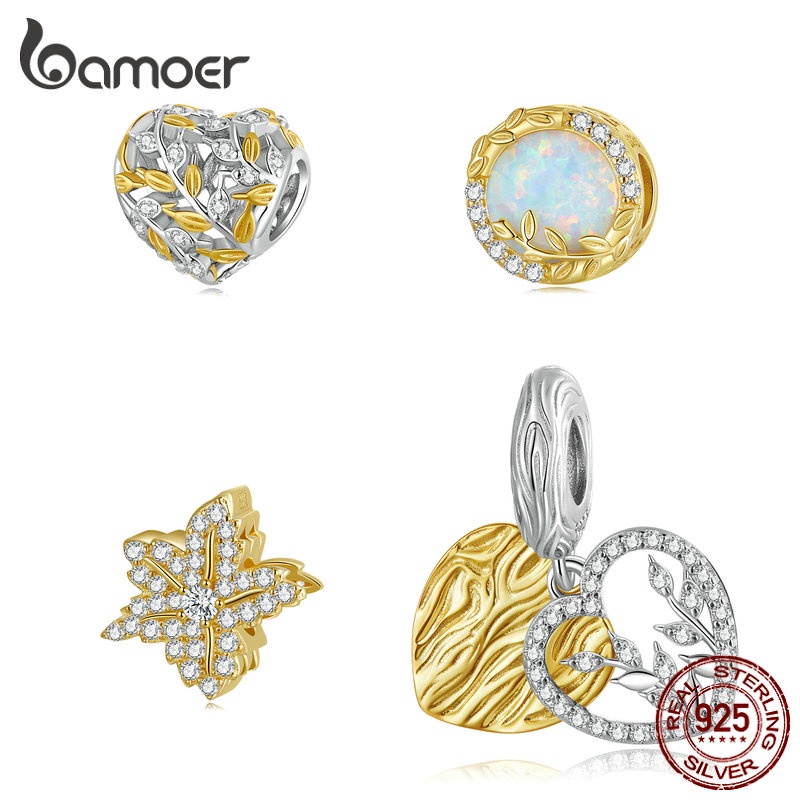 BAMOER Hạt Charm bạc 925 Hình Trái Tim / Lá Đính Đá Zircon