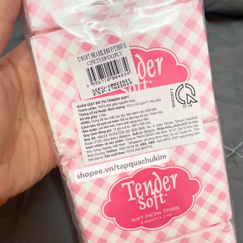 [LỐC 12 GÓI] Khăn giấy lụa mini TENDER SOFT bỏ túi 2 lớp caro hồng pastel Hàn Quốc - tapquachukim