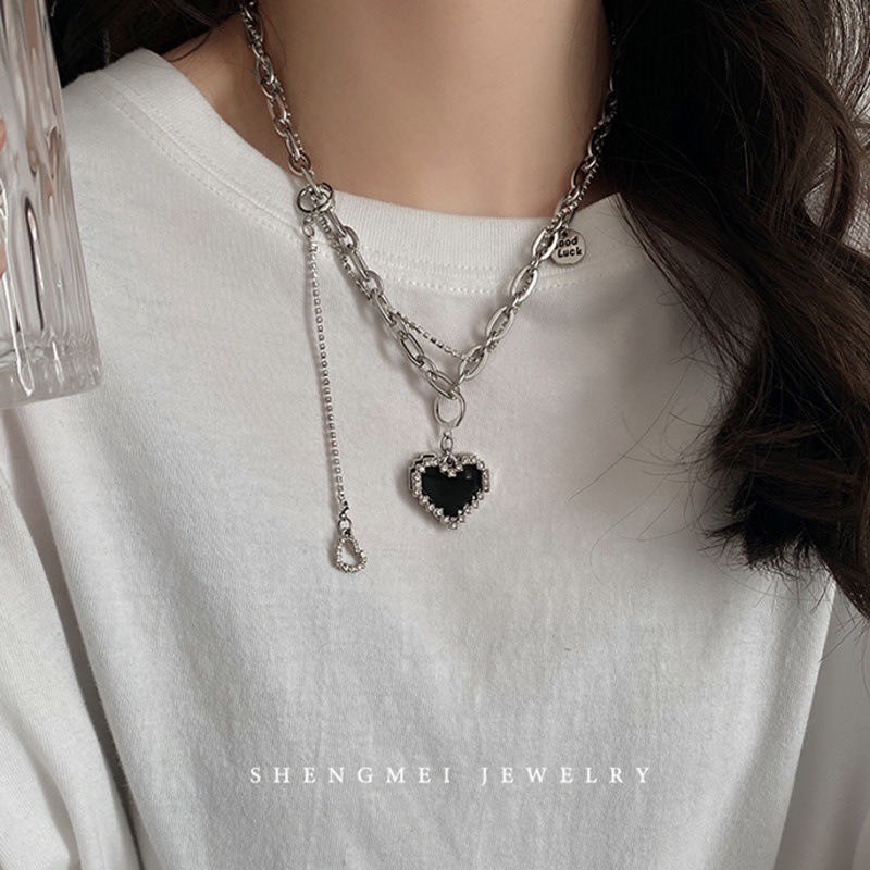 Vòng cổ mặt trái tim màu đen đính đá zircon phong cách hip hop 19A1675