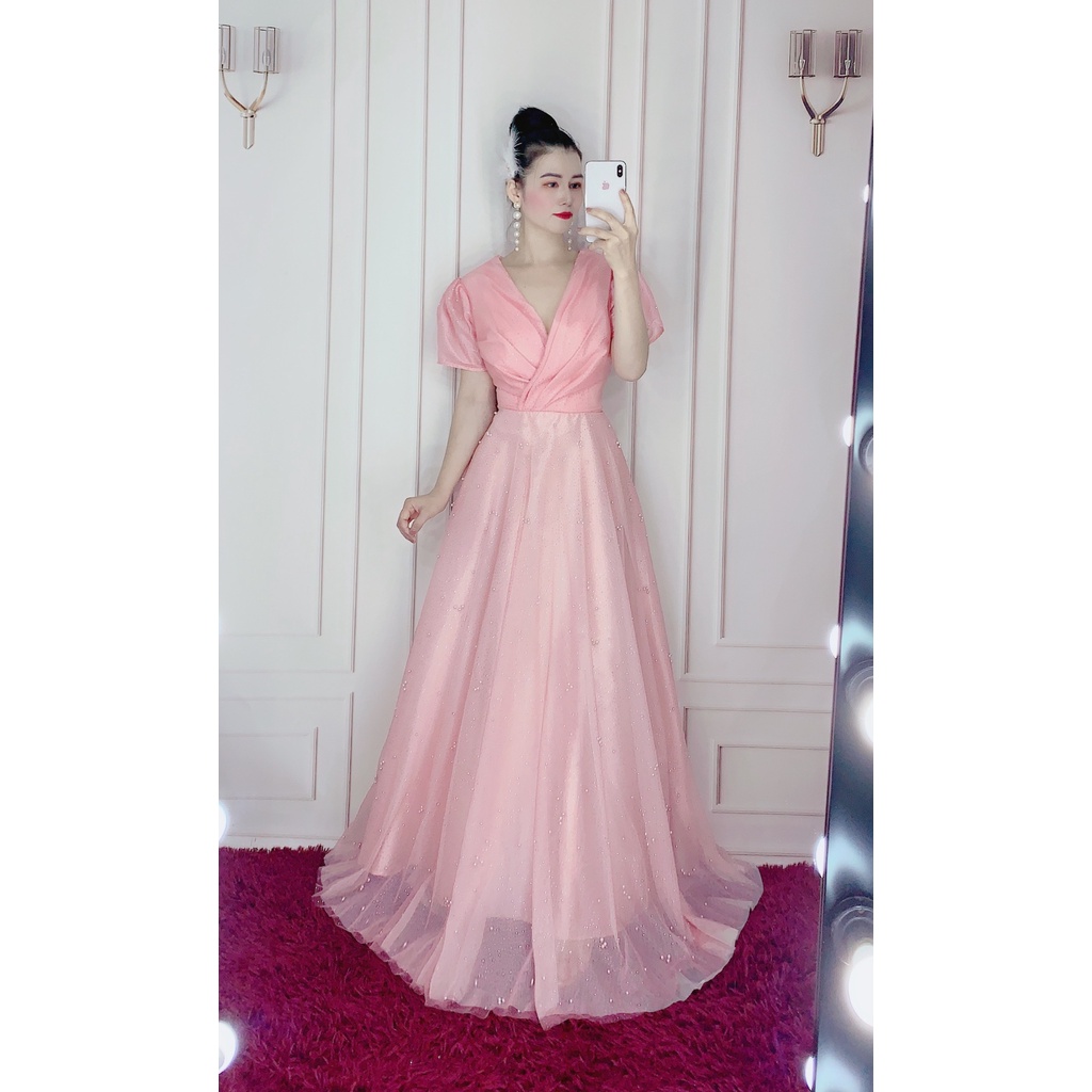 Đầm maxi cô dâu đi bàn xoè cổ U chéo TRIPBLE T DRESS - size S/M/L - MS29Y