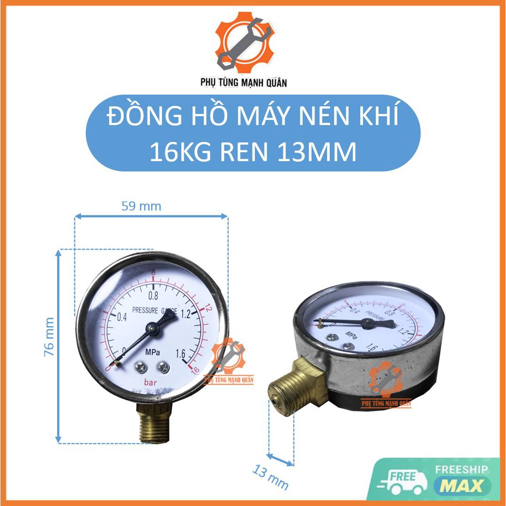 Đồng hồ máy nén khí 16kg ren ngoài 13mm