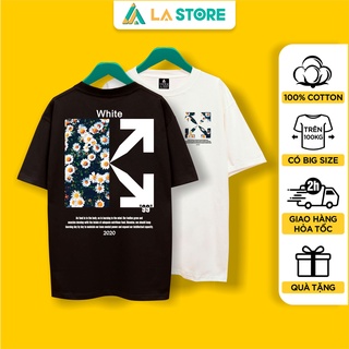 Áo thun unisex cotton off-white phối hoa cúc form rộng tay lỡ nam nữ có big size | lạ store
