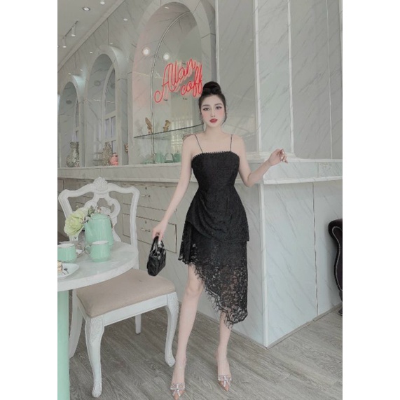 Váy ren hai dây vạt chéo Đầm ren hai lớp siêu sang