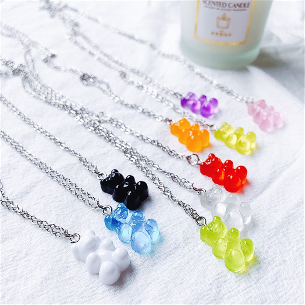 Cute Colorful Bear Gummy Pendant Necklace Korean Temperament Clavicle Chain Women Girl Tide Ins Pendant Necklaces Jewelry