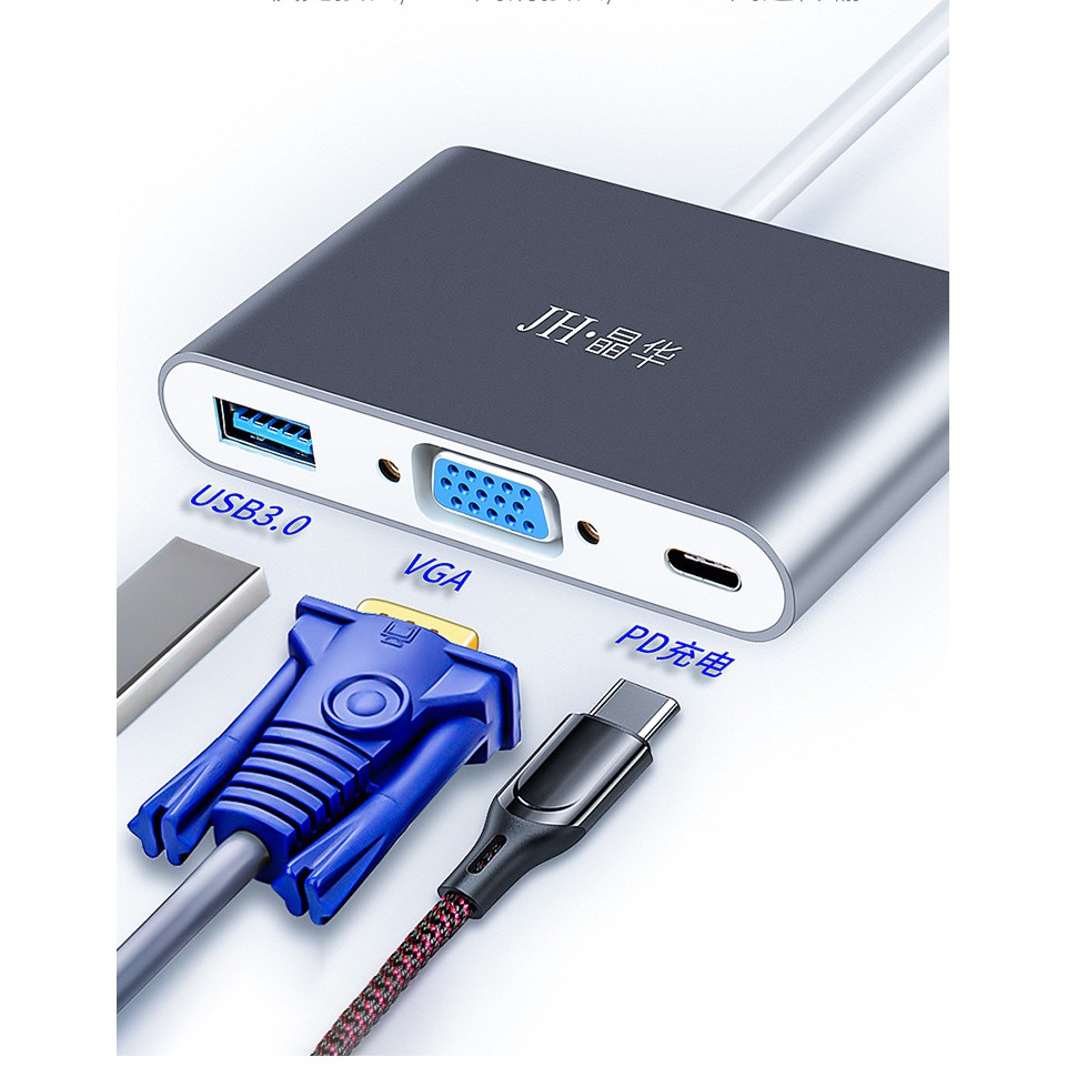 Cáp chuyển Usb Type-c ra VGA, USB 3.0, PD 60w cho Dell Xps, Macbook - Jinghua Z334