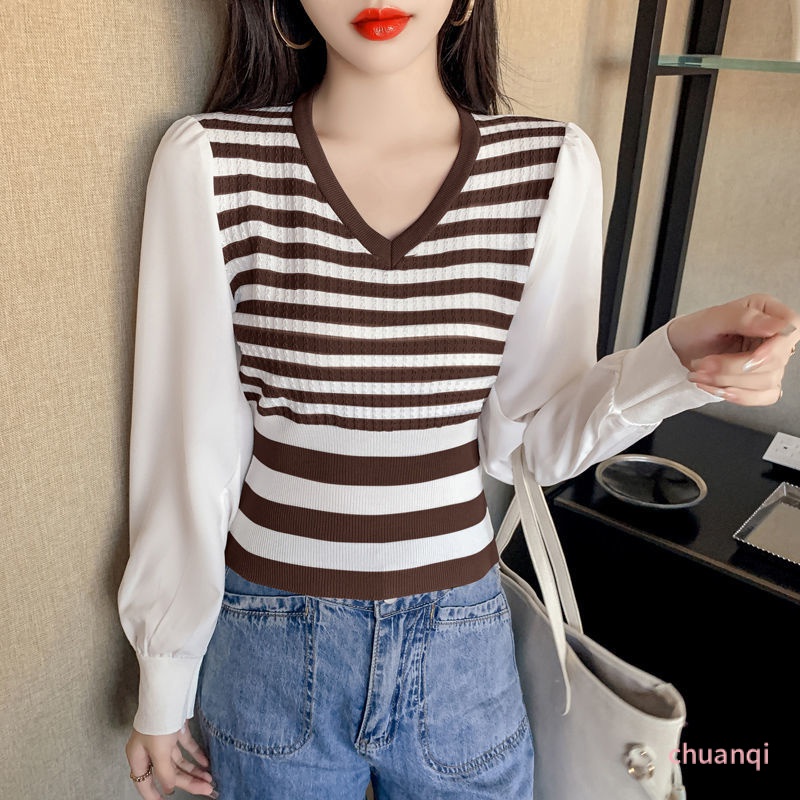 Áo Nữ Dài Tay Cổ Chữ V Họa Tiết Sọc Ngang Thời Trang Mới