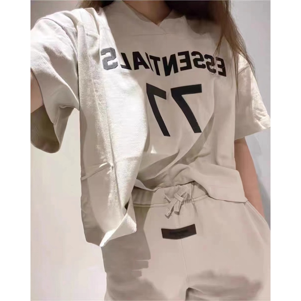 FEAR OF GOD FOG Season 8 Double Line ESSENTIALS 77 Letter V-Neck Short Sleeve Couple T-Shirt