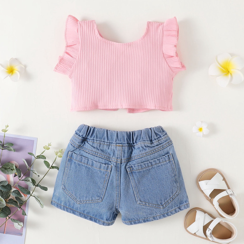 Set đồ 2 mảnh Mikrdoo gồm áo tay xòe + quần denim dễ thương cho bé gái