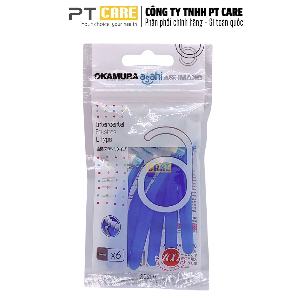 PT CARE | 1 Gói Bàn Chải Kẽ Răng Dạng L Nhiều Size Okamura Asahi Cho Người Niềng Răng Chỉnh Nha 6 Cây