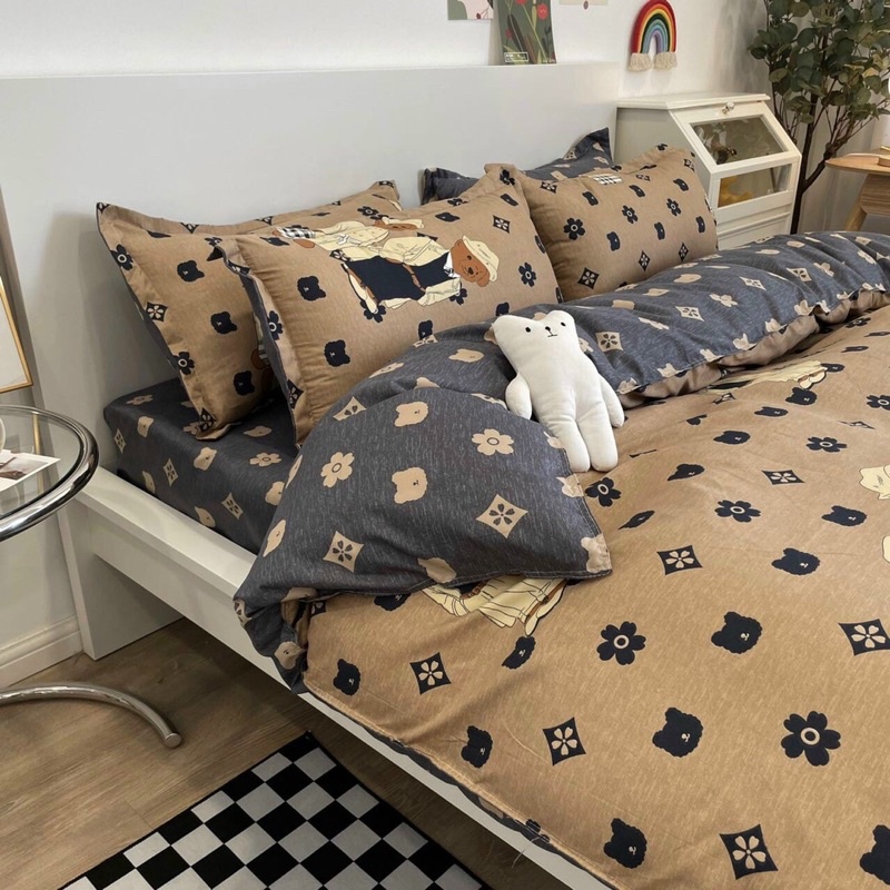 Bộ chăn phao ga gối cotton 3D sang xịn gấu nâu combo 5 món tặng kèm vỏ gối ôm
