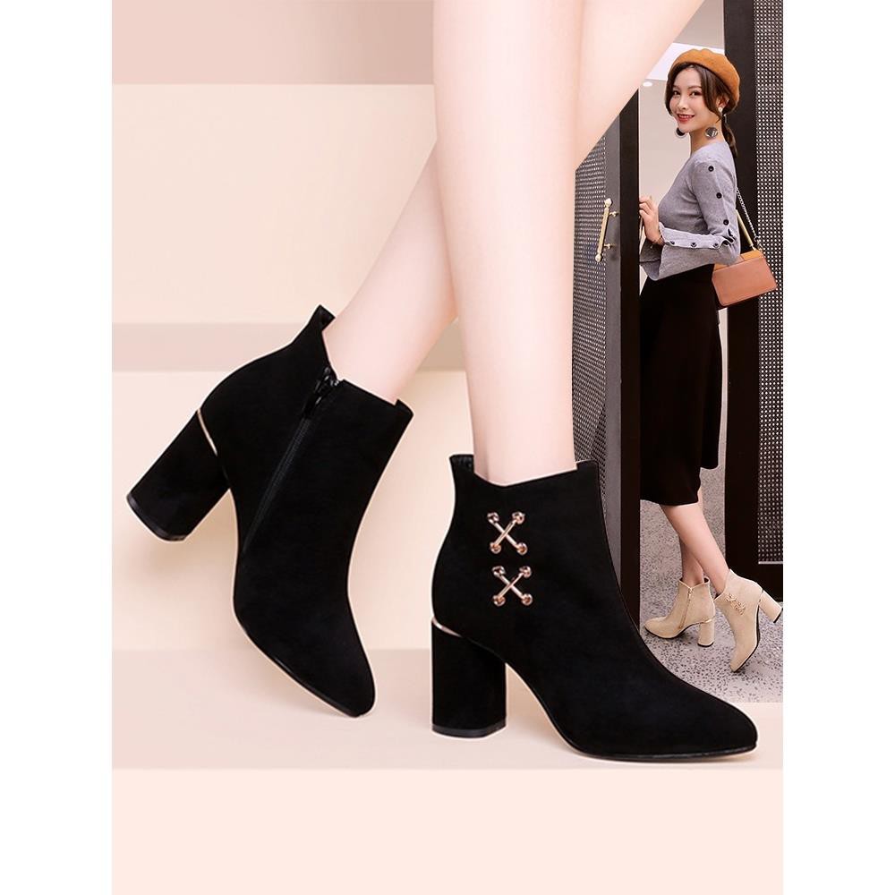 Giày bốt nữ cổ thấp giày boots nữ chất da lộn gót cao 7cm - Xem ảnh thật ở cuối | BigBuy360 - bigbuy360.vn