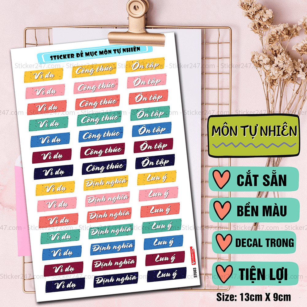 Sticker Đề Mục Môn Văn, Môn Tự Nhiên 🌈𝑭𝒓𝒆𝒆𝒔𝒉𝒊𝒑 Sticker Nhãn Vở Ham Học 🍃 Decal Vinyl Trong 🍂 Sticker247