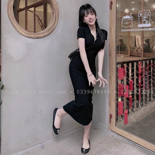 Đầm Midi Dáng Dài Cổ V Kẻ Ngang 💙 HD Clothings 💙 Váy thun cộc tay dài qua gối ôm body tôn dáng, style cá tính, quyến rũ