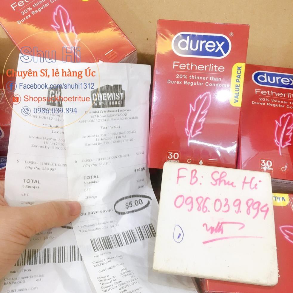 (Mẫu mới) Bao cao su siêu mỏng Durex Fetherlite Ultra Thin Feel Condoms Extra Sensitive Úc - Hộp 30 chiếc - đủ bill 👌