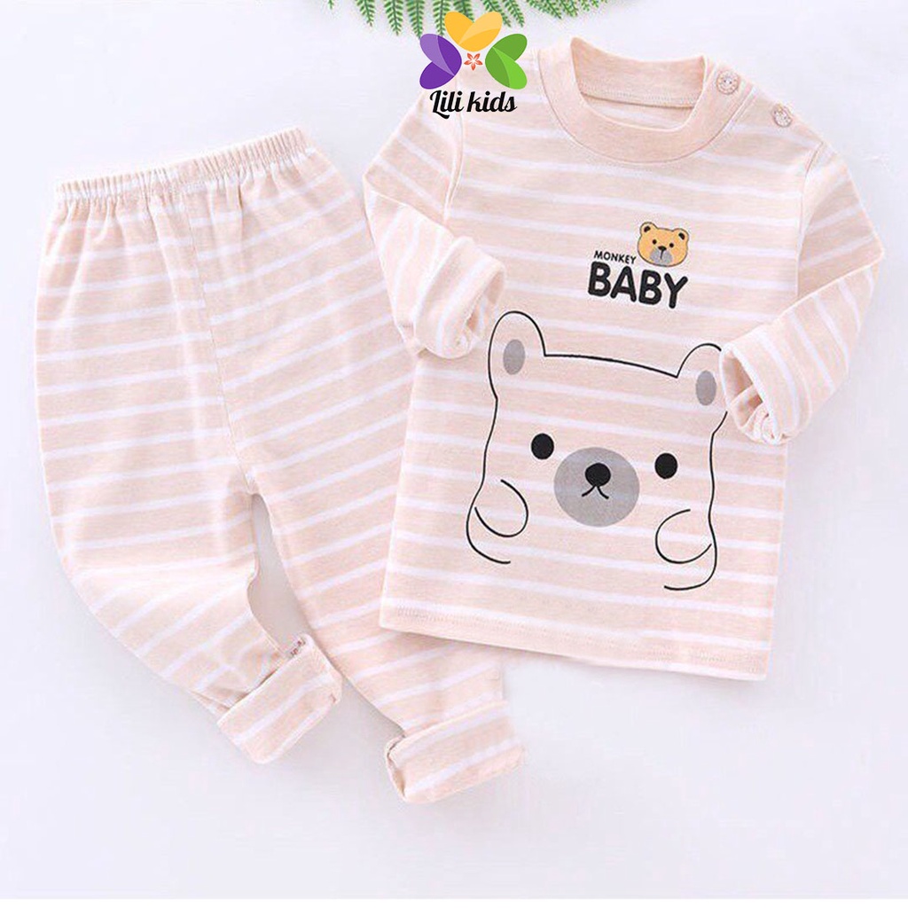 Bộ thu đông cho bé LILI.KIDS in hình gấu chất cotton nỉ mềm và ấm, Bộ dài tay cho bé trai bé gái 1 2 3 4 tuổi BDT09