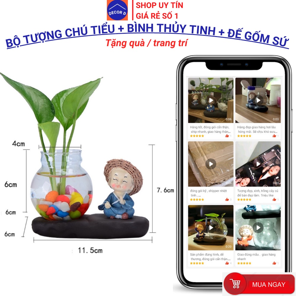 Combo tượng chú tiểu, tượng trang trí, bình hoa  lọ hoa thủy tinh decor trồng cây nuôi cá – Trang trí, tặng quà