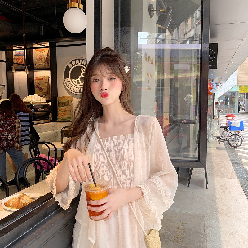 [CÓ SẴN] Set Áo Khoác Ren Mỏng Đi Biển Và Đầm Hai Dây Ren Lưới