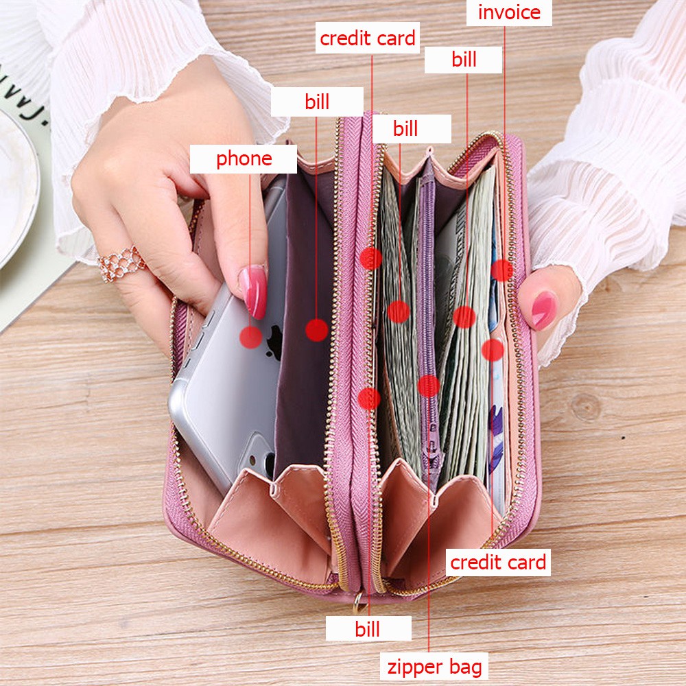 💜ZAIJIE💜 Lady Women Card Holder PU Leather Phone Checkbook Organizer Woman Wallet Double Zip Fashion Classic Multi-slot Zip Purse/Multicolor