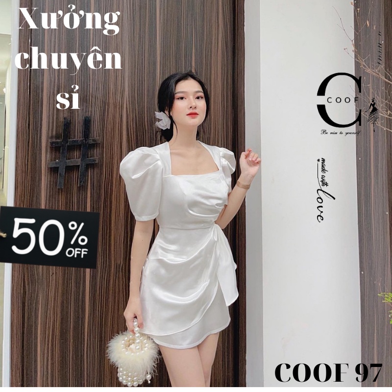 Đầm xinh dạo phố tay ngắn bổng cổ vuông nhún eo nơ nữ tính - NV37
