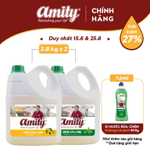 Combo 2 Can Nước Rửa Chén AMITY - 3.8kg/Can - Nhiều Mùi Hương - Tặng 1 Nước Rửa Chén 400gr