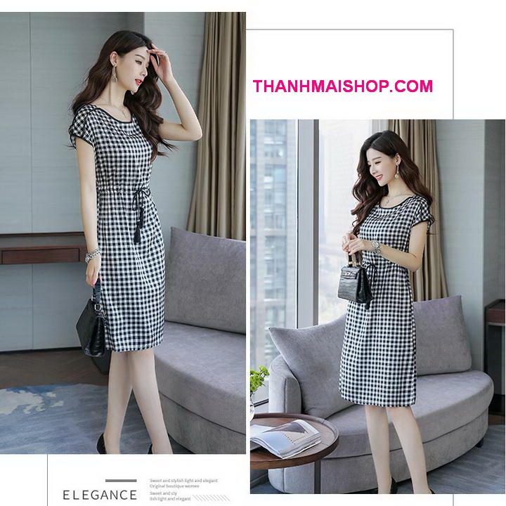 Đầm suông caro QA167 eo rút dây mảnh tua rua, cổ và tay cánh dơi viền đen cách điệu