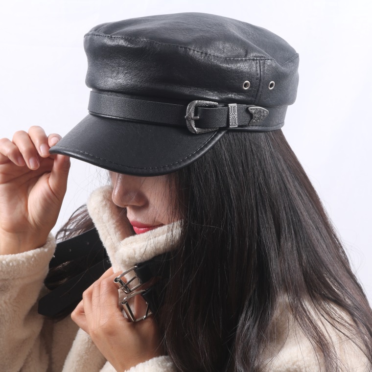 Korean Style Leather Flat Navy Hat Female Octagonal Hat Fashion Black Retro Duck Tongue Beret Painter Hat Short Brim Hat