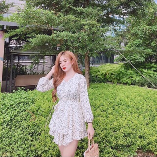 Jumpsuit chấm bi thắt eo - Hình thật