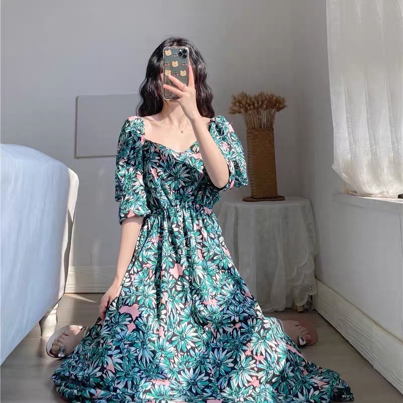 VÁY XOÈ TAY BỒNG CỔ VUÔNG KHOÉT EO HOA NHIỆT ĐỚI