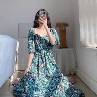 VÁY XOÈ TAY BỒNG CỔ VUÔNG KHOÉT EO HOA NHIỆT ĐỚI