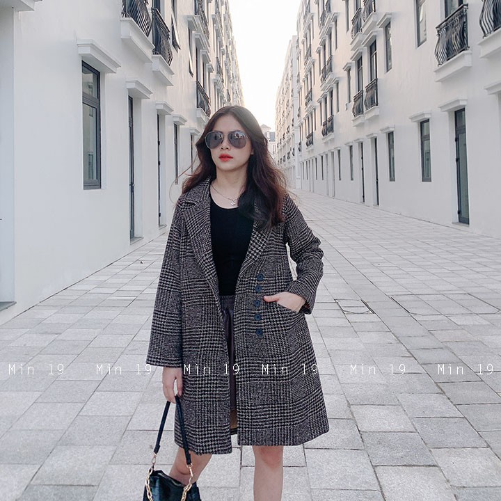 Áo vest nữ blazer công sở Hàn Quốc 2 lớp kẻ caro dáng dài form rộng bigsize cá tính màu đen nâu thời trang | BigBuy360 - bigbuy360.vn