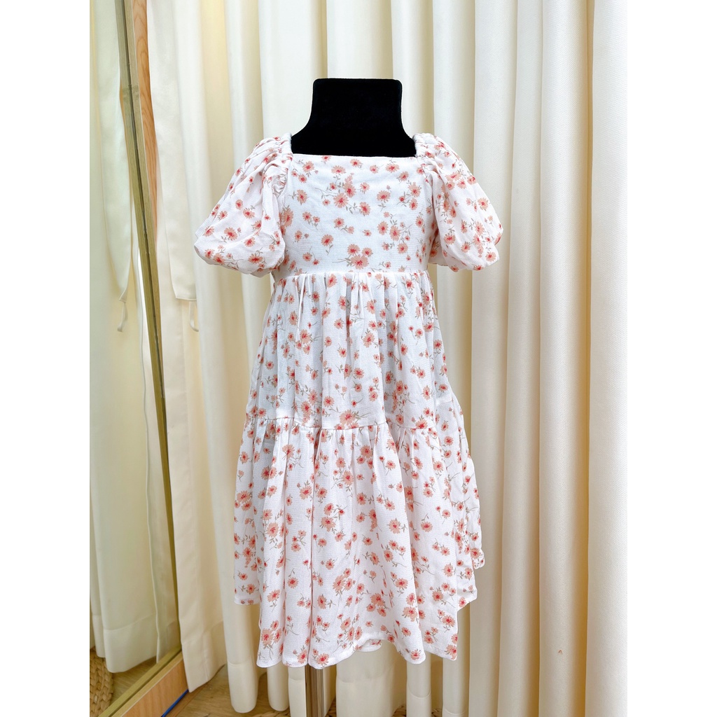 Đầm Tay Chuông Nơ Lưng Màu Trắng Họa Tiết Hoa Nhí Cam Cho Bé Gái 9kg-46kg SoraChan - M136, M137, M138, M139