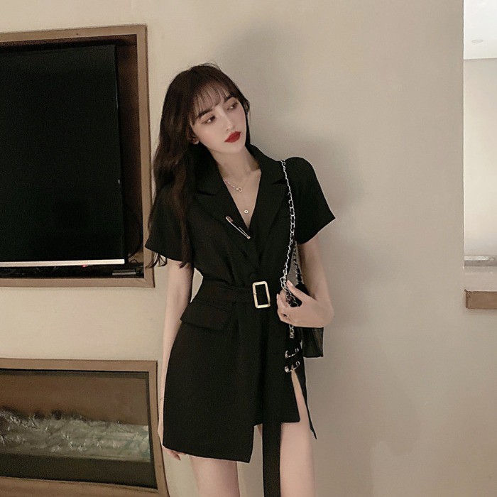 (Hàng có sẵn) Đầm cổ vest khóa ngang đính ghim cá tính | BigBuy360 - bigbuy360.vn