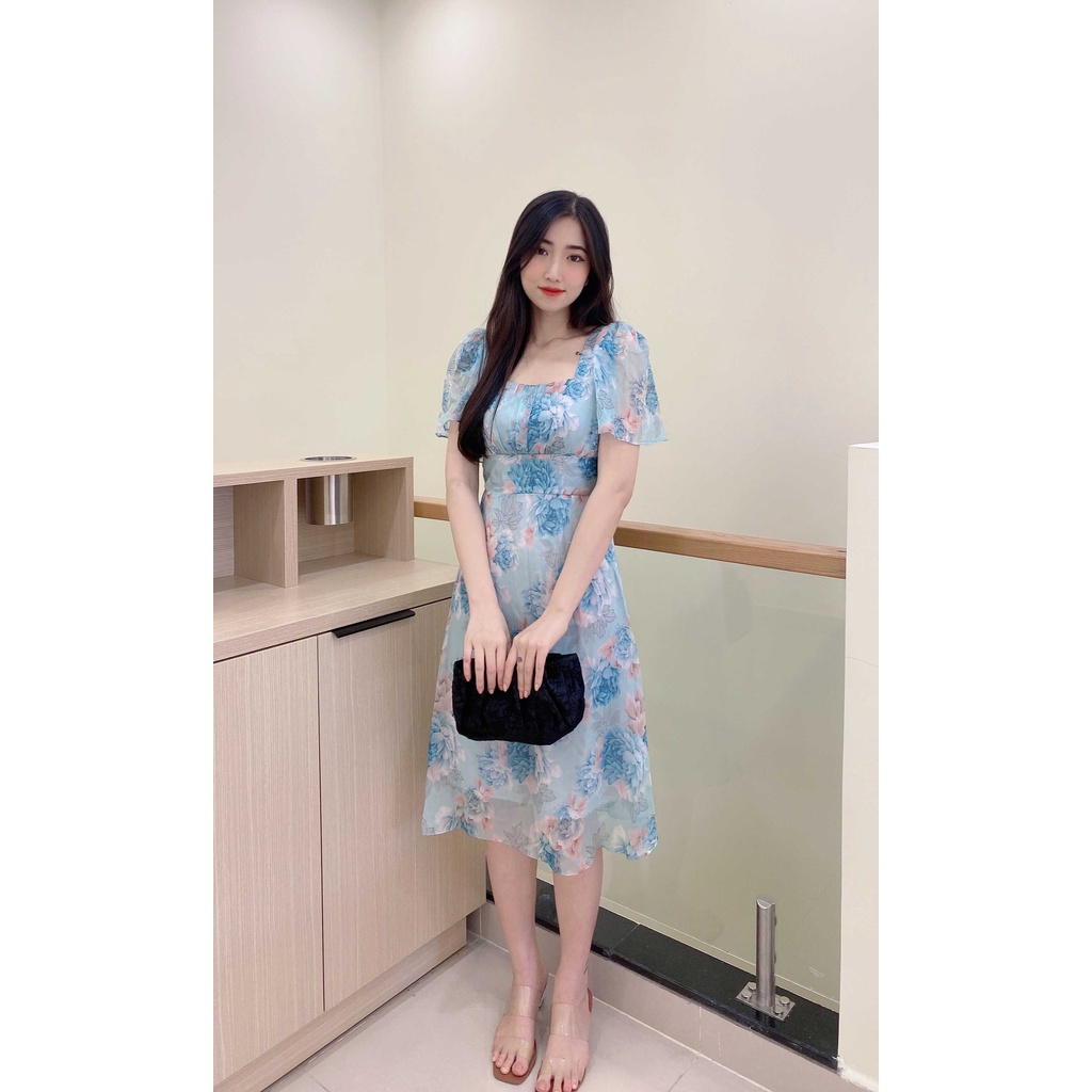 đầm váy nữ thiết kế cổ vuông tay phòng dáng xòe trẻ trung