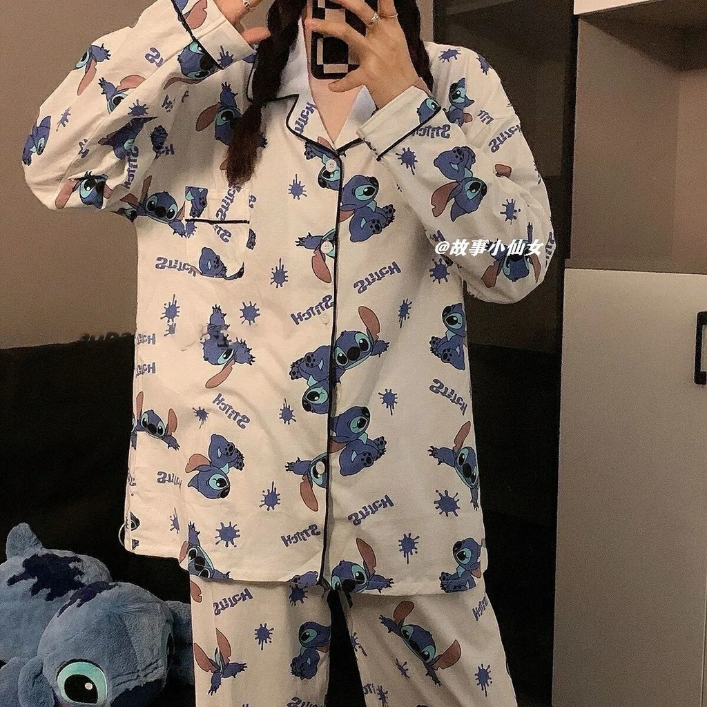 Bộ Đồ Ngủ Họa Tiết Hoạt Hình Stitch Đáng Yêu Thời Trang Xuân Thu Cho Học Sinh