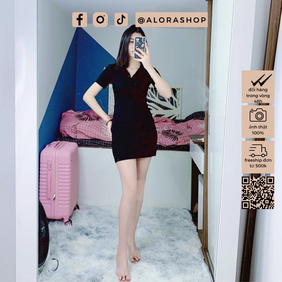 Váy nữ polo, đầm nữ cổ bẻ chất cotton zip dáng ôm ngắn tay hồng, đen freesize thời trang nữ Alora | BigBuy360 - bigbuy360.vn