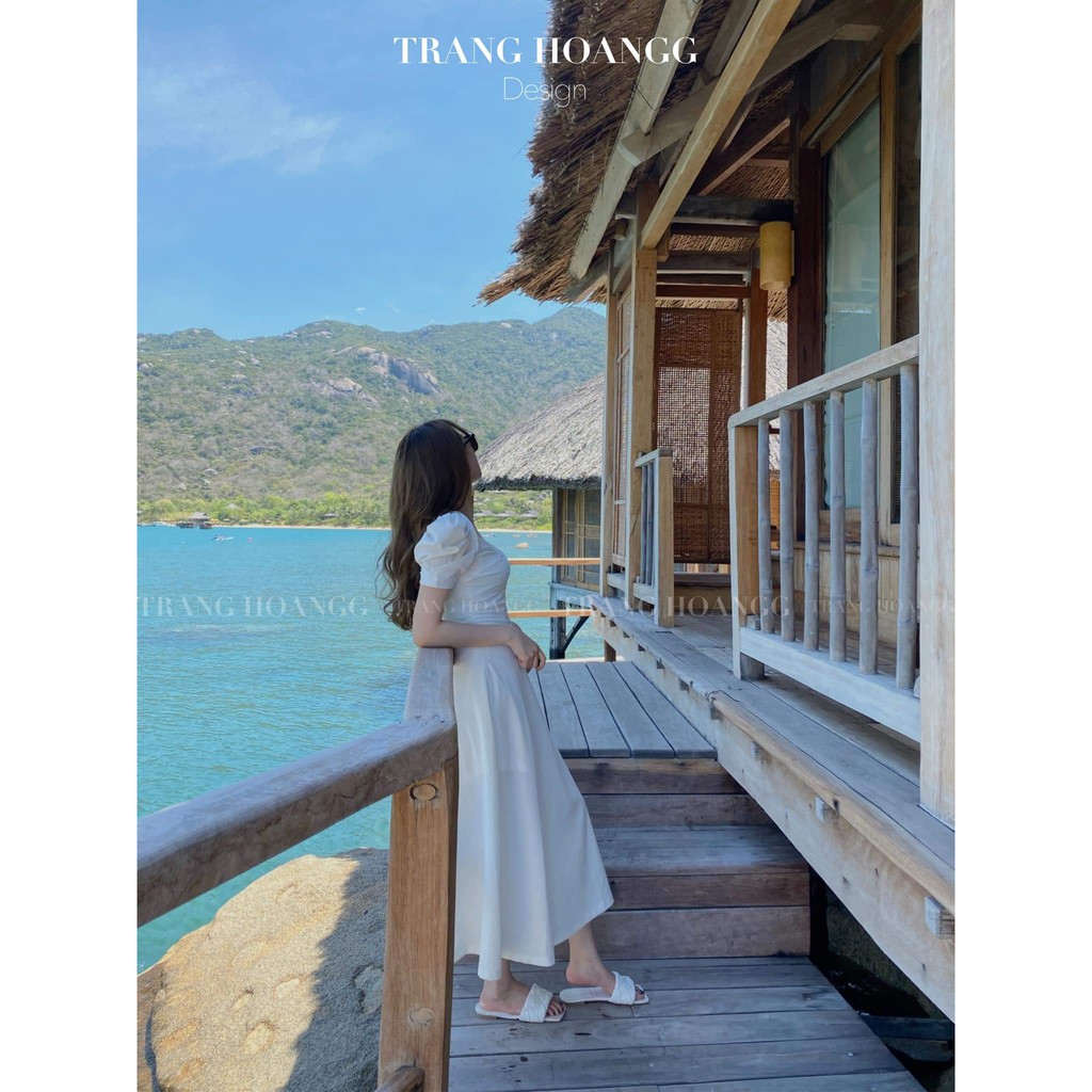 Đầm Maxi Trắng xoắn Ngực Tay Phồng | BigBuy360 - bigbuy360.vn