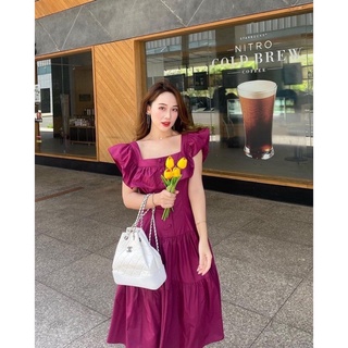 Đầm midi xoè cổ vuông cánh tiên hồng tím♥️