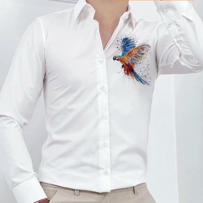 Áo sơ mi nam dài tay vải lụa phối VẸT LỚN NỔI BẬT cao cấp mẫu mới thời trang