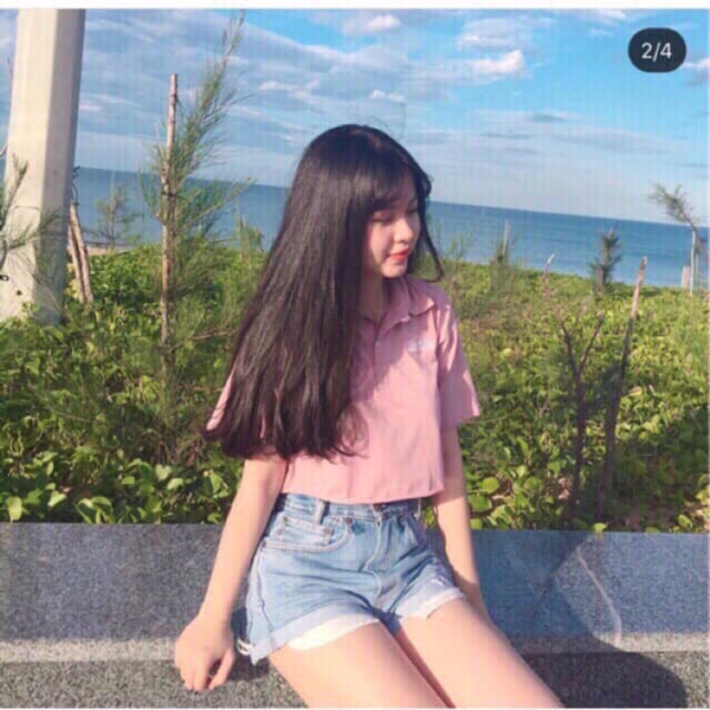 Áo Crop cổ bẻ thêu