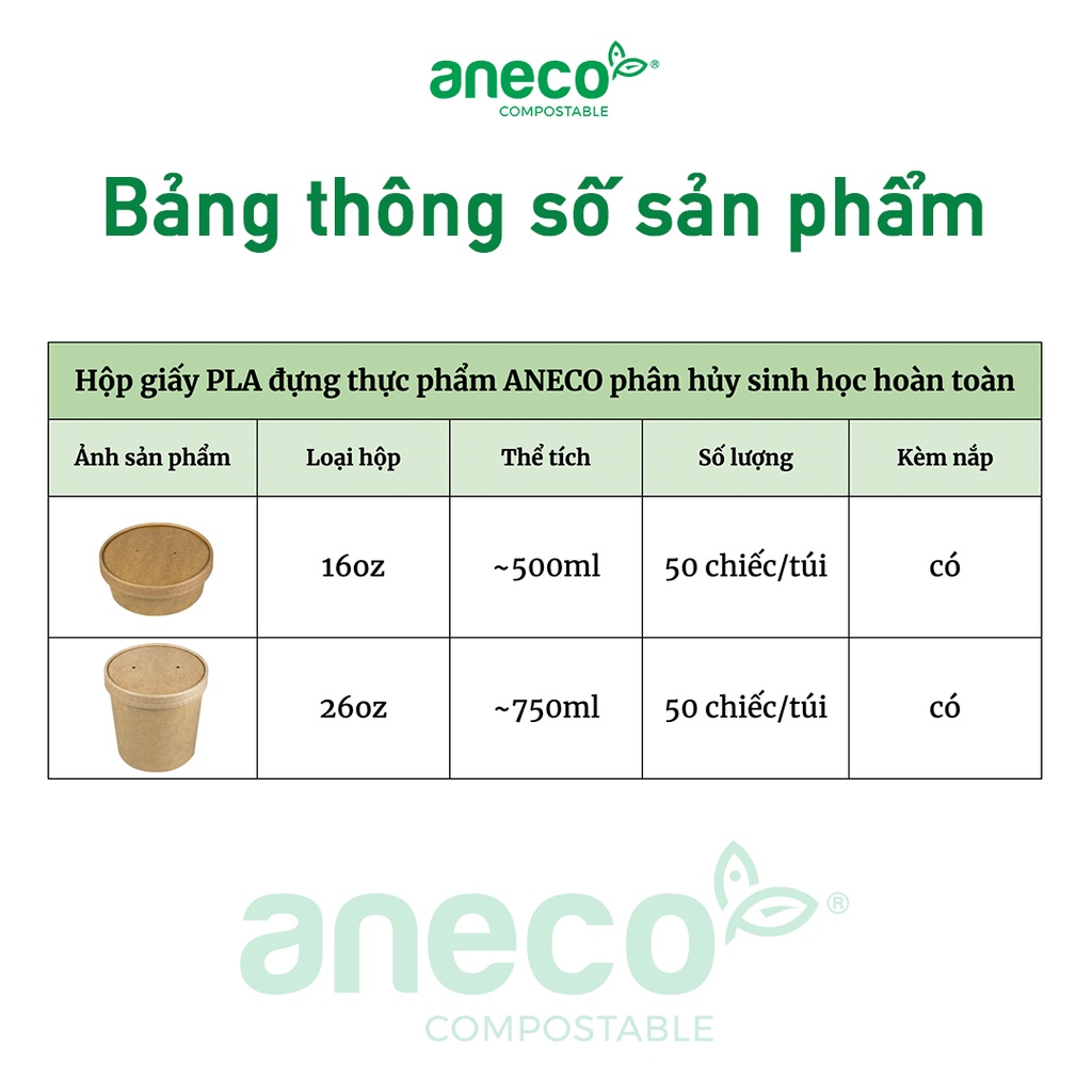 Hộp giấy PLA đựng thực phẩm ANECO phân hủy sinh học hoàn toàn - Không nhựa 100% - Bảo vệ môi trường (50 hộp kèm nắp)