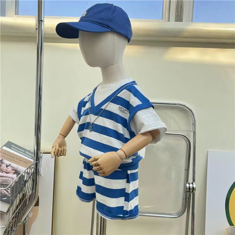 Set Đồ Thể Thao Mùa Hè 22 Món Gồm Áo Thun Tay Cộc Giả Hai Mảnh + Quần Ngắn Kẻ Sọc Màu Tương Phản Phong Cách Hàn Quốc Cho Bé Trai / Bé Gái