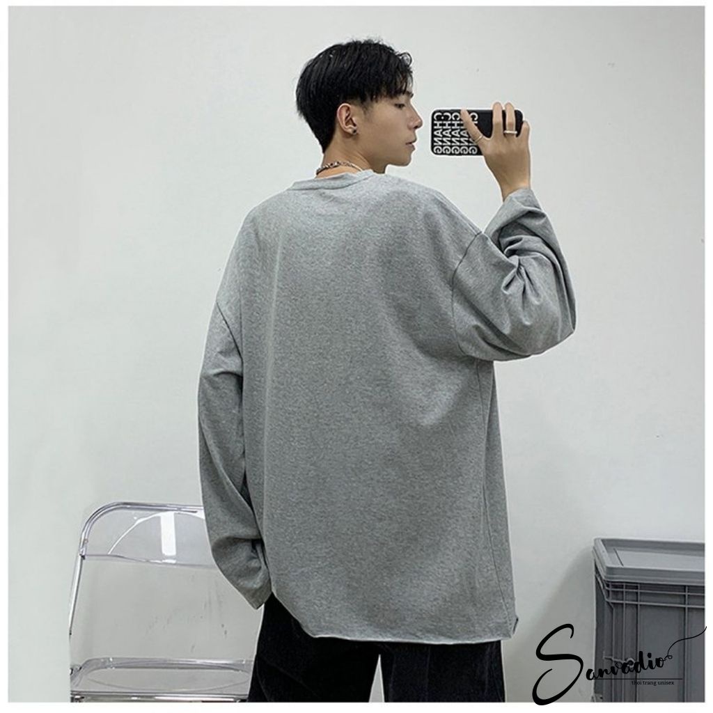 Áo Thun nam SANVADIO Áo phông dài tay from rộng unisex cá tính năng động với điểm nhấn rách gấu áo phá cách