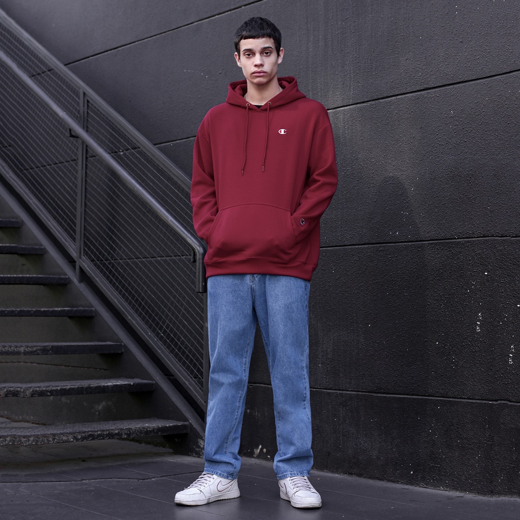 Áo Hoodie Thêu Logo Champion Sắc Nét Vải Nỉ Bông Cotton Form Rộng Rãi Unisex Màu Đỏ Đô